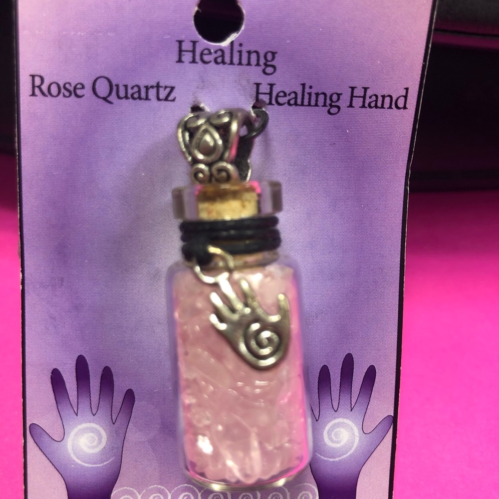 Harmonia :Rose Quartz crystals =Healing hand with necklace cord